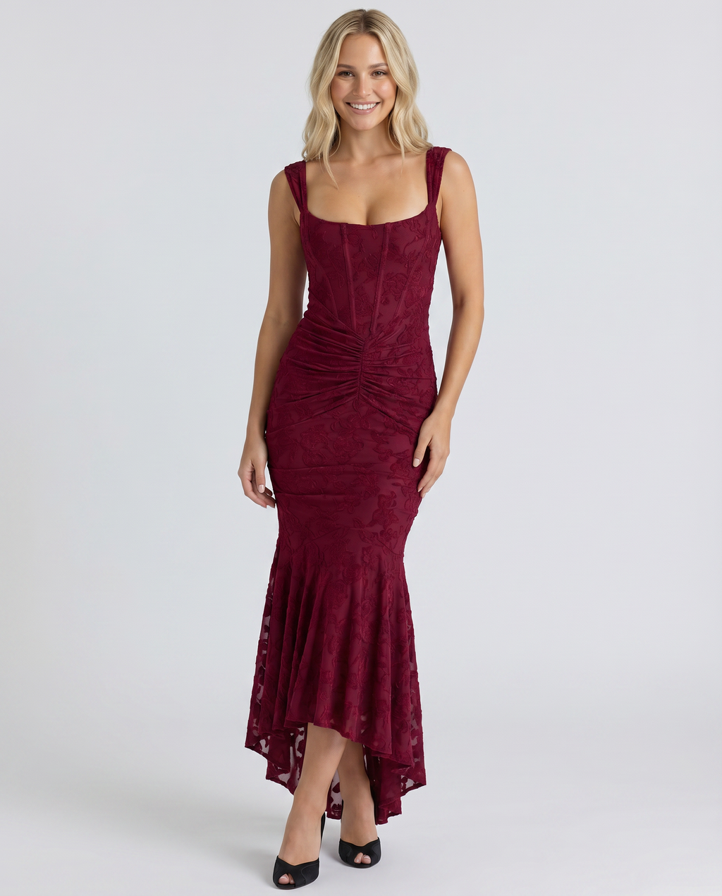 EVIE | Floral Lace Corset Ruched Skirt Maxi Dress