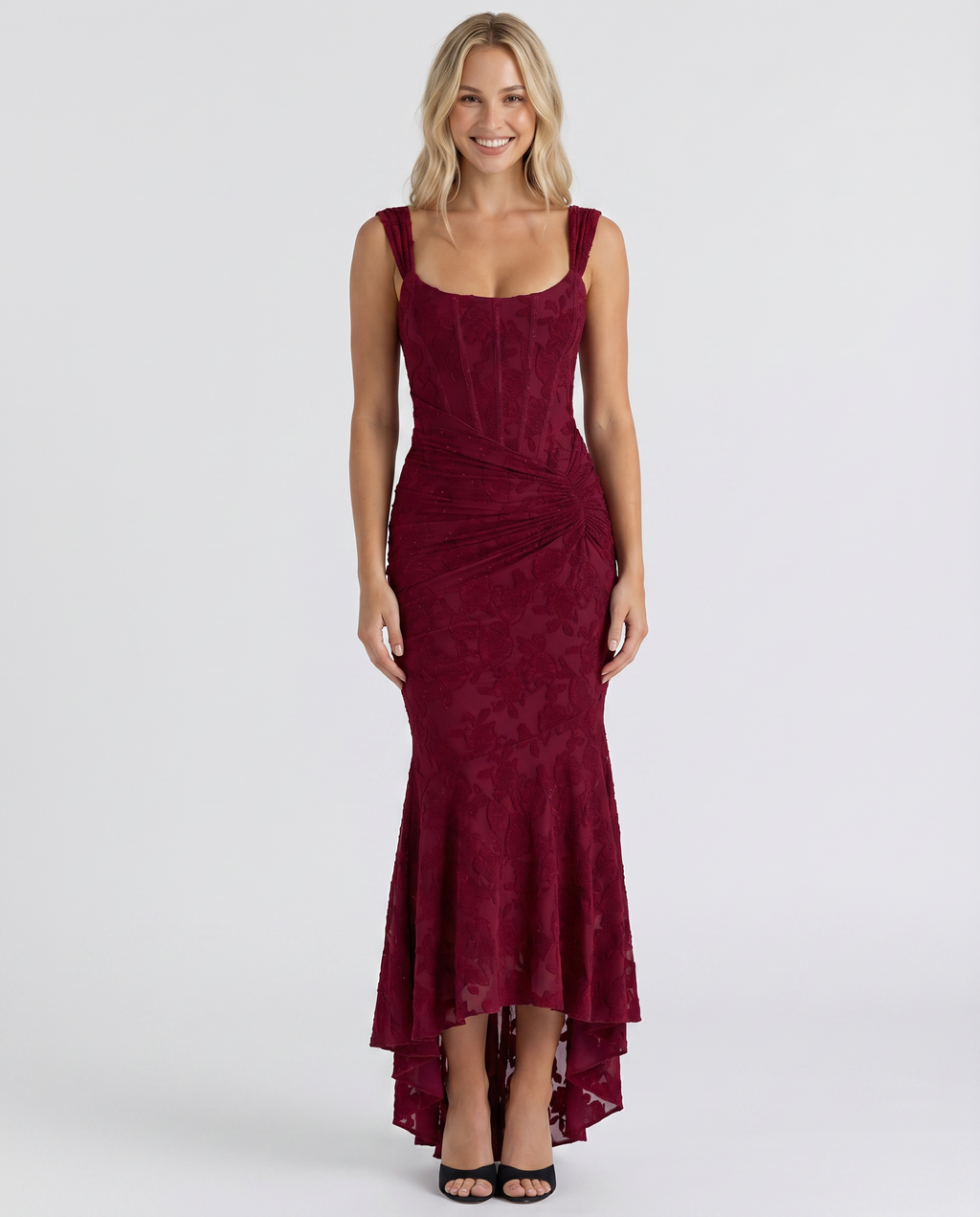EVIE | Floral Lace Corset Ruched Skirt Maxi Dress