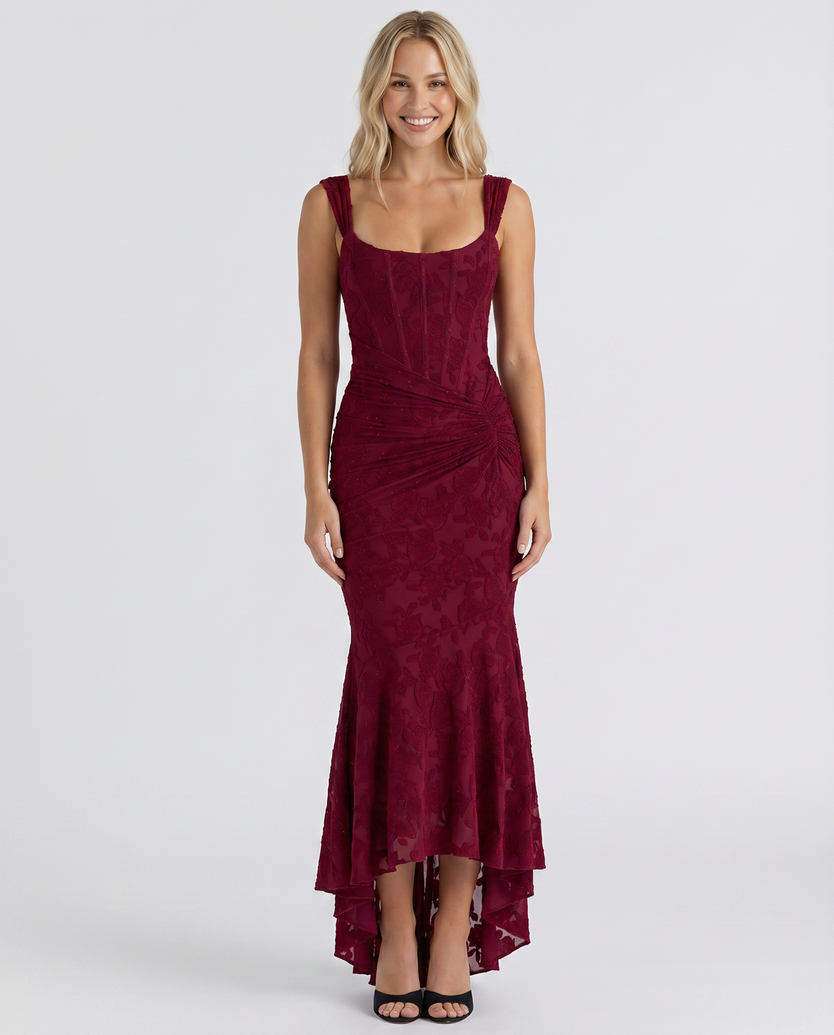 EVIE | Floral Lace Corset Ruched Skirt Maxi Dress