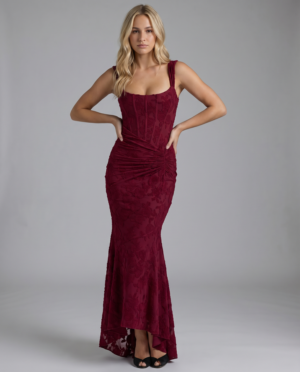 EVIE | Floral Lace Corset Ruched Skirt Maxi Dress