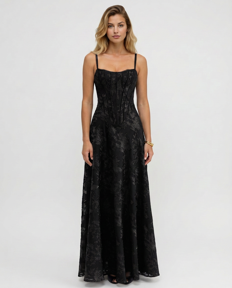 EVIE | Corset Bodice Lurex Maxi Dress