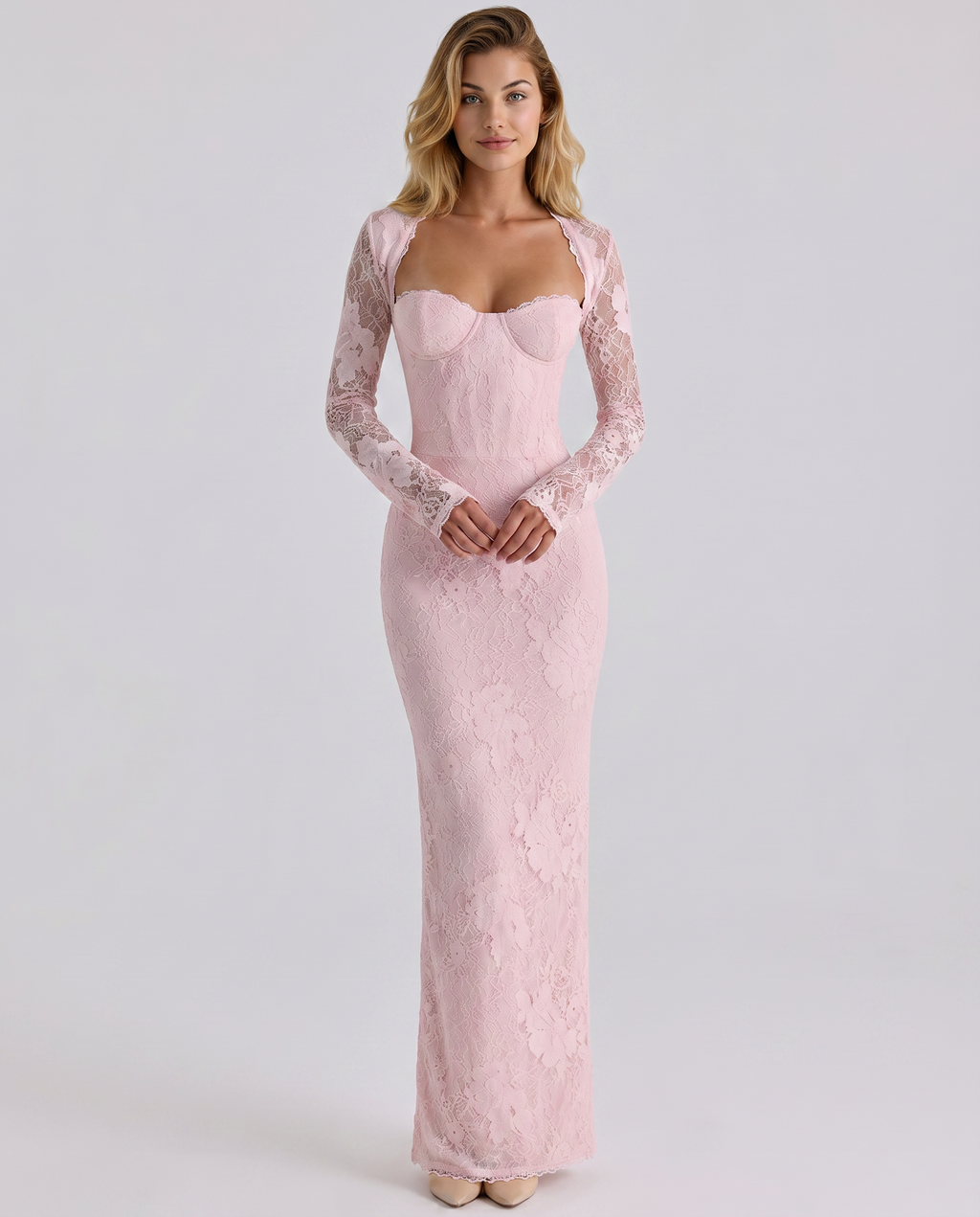 EVIE | Lace Overlay Corset Long Sleeve Maxi Dress