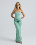 EVIE | Strapless Corset Draped Skirt Maxi Dress