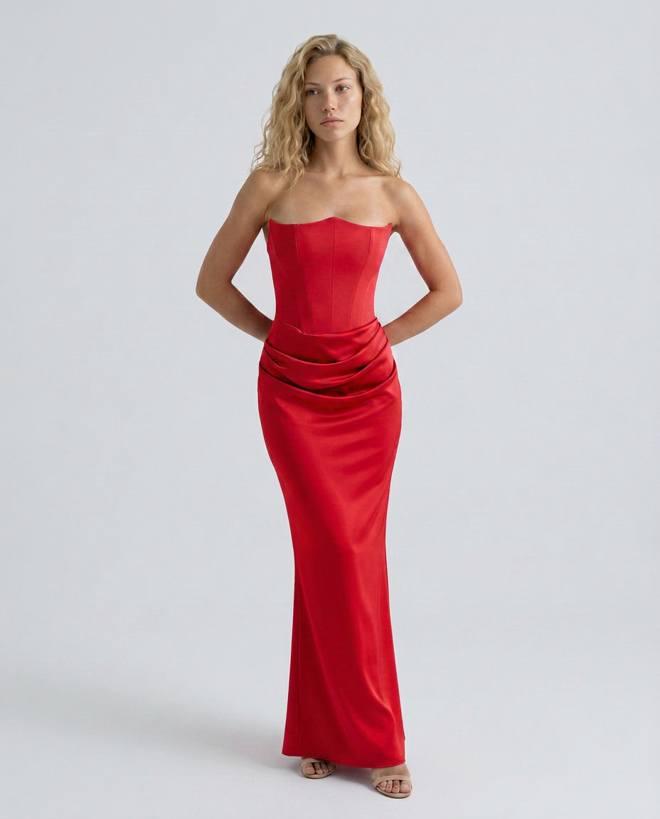 EVIE | Strapless Corset Draped Skirt Maxi Dress