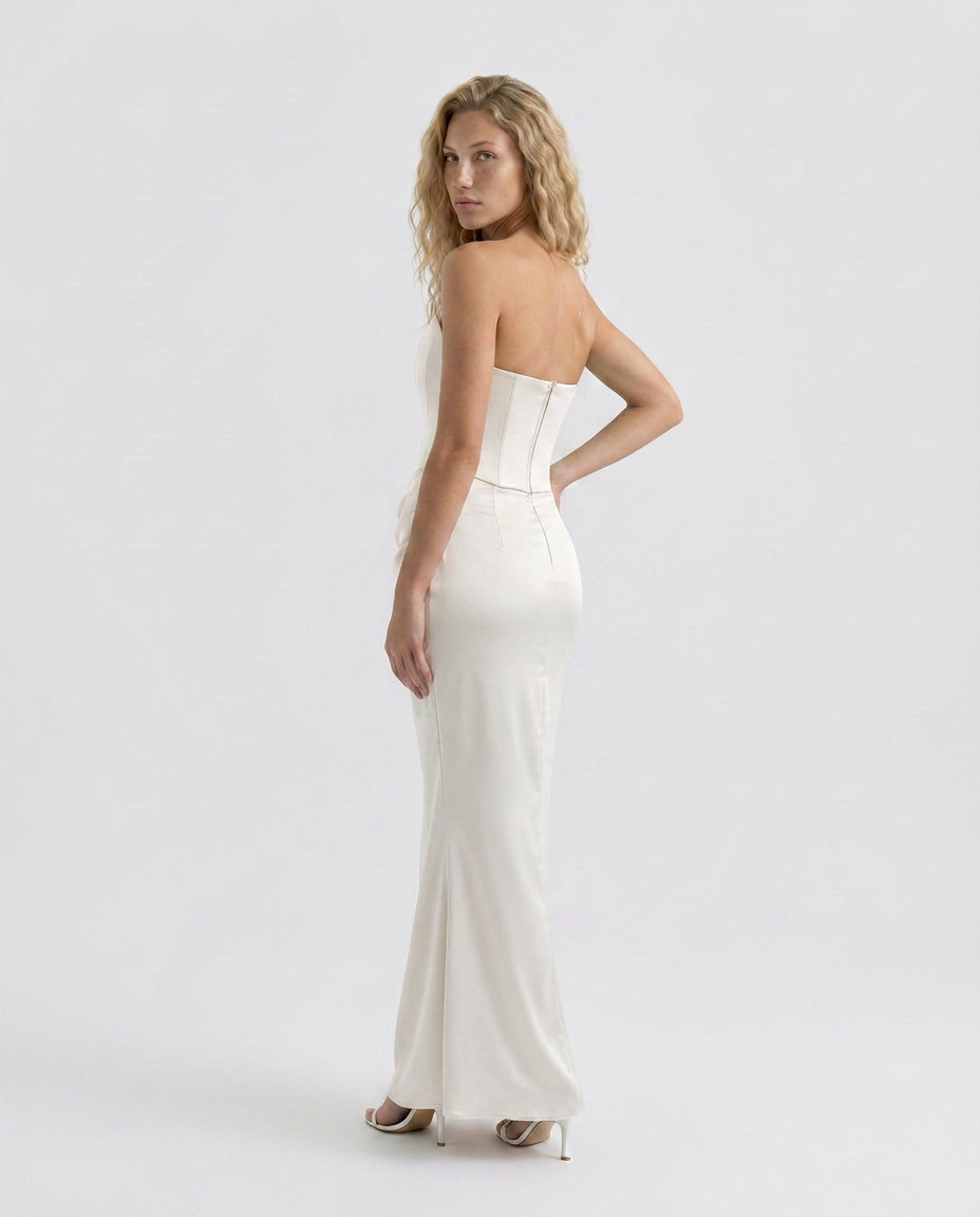 EVIE | Strapless Corset Draped Skirt Maxi Dress