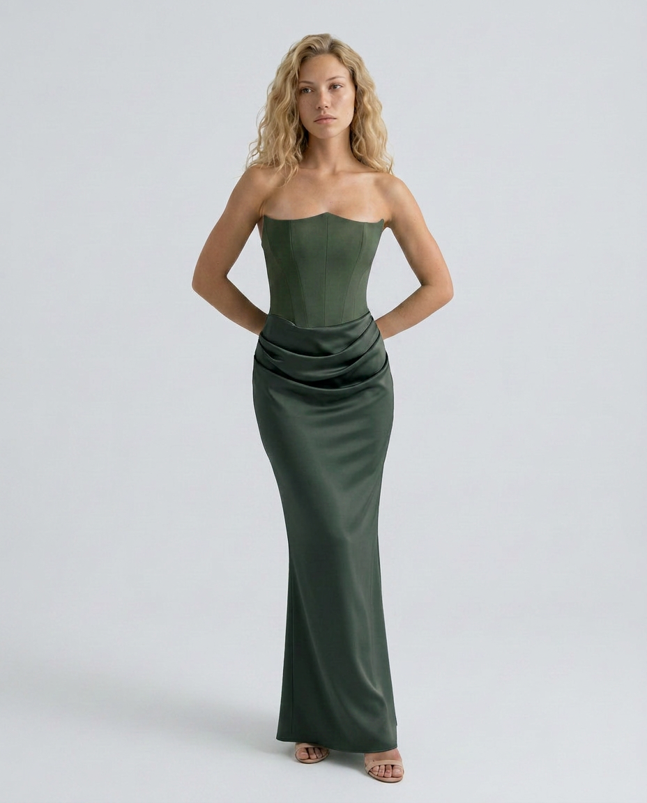 EVIE | Strapless Corset Draped Skirt Maxi Dress