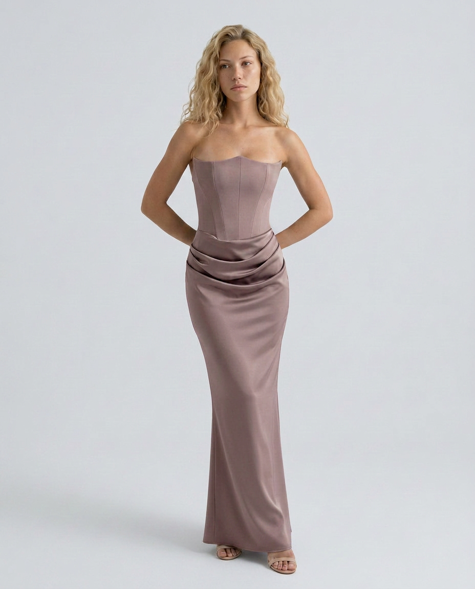 EVIE | Strapless Corset Draped Skirt Maxi Dress