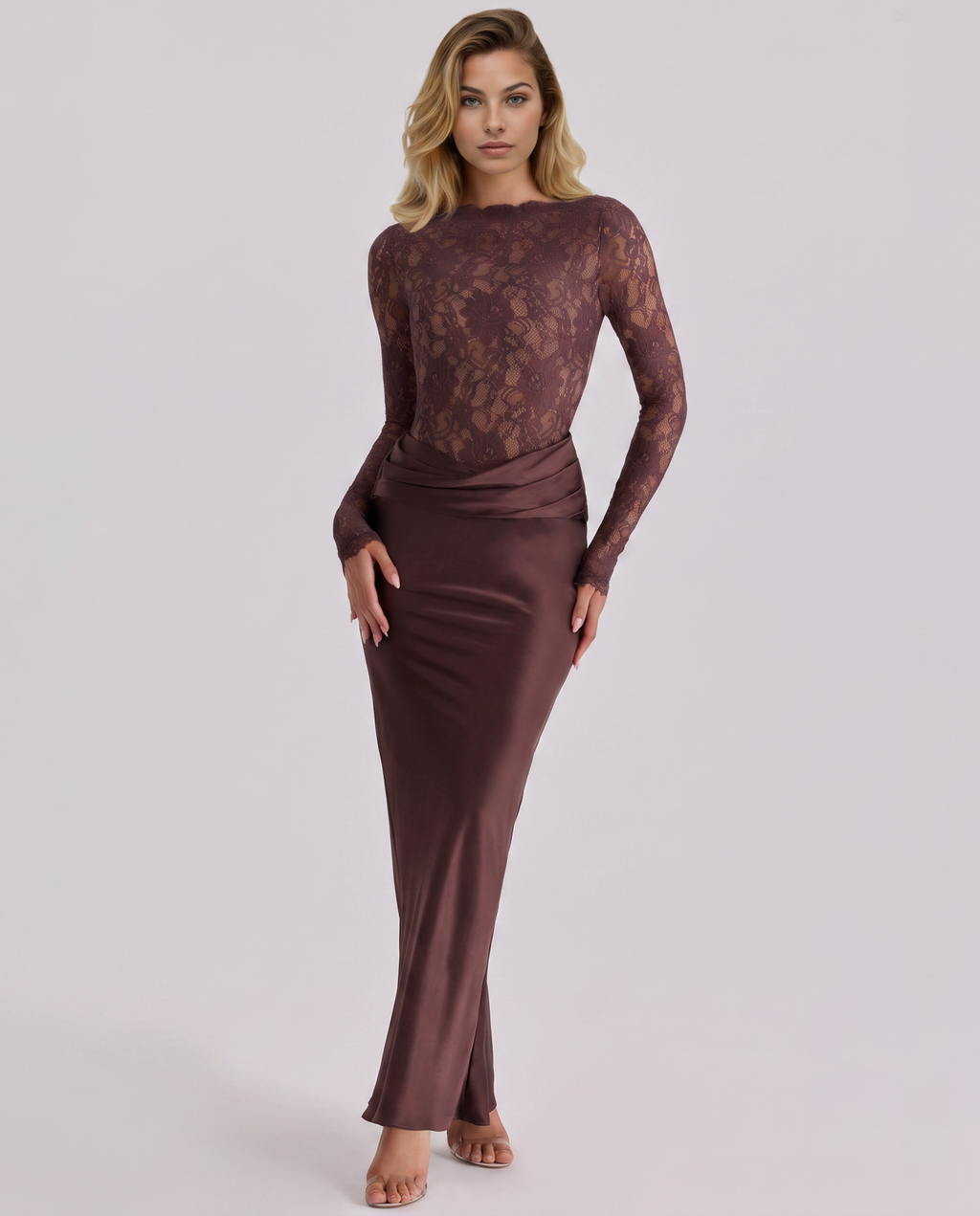 EVIE | Lace Corset Long Sleeve Draped Skirt Maxi Dress