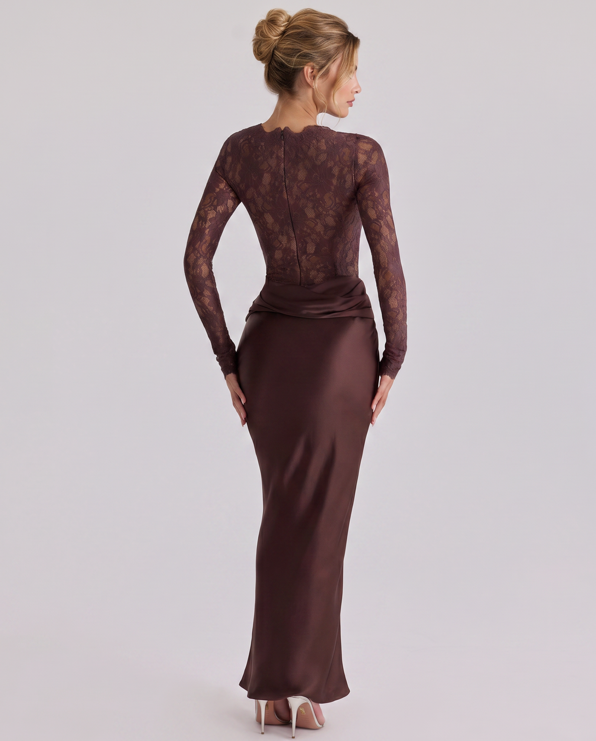 EVIE | Lace Corset Long Sleeve Draped Skirt Maxi Dress