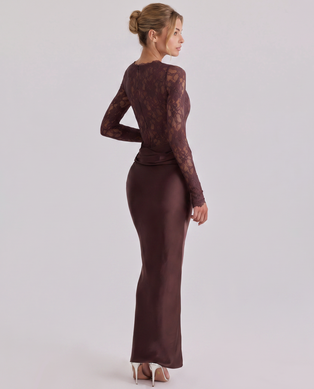 EVIE | Lace Corset Long Sleeve Draped Skirt Maxi Dress