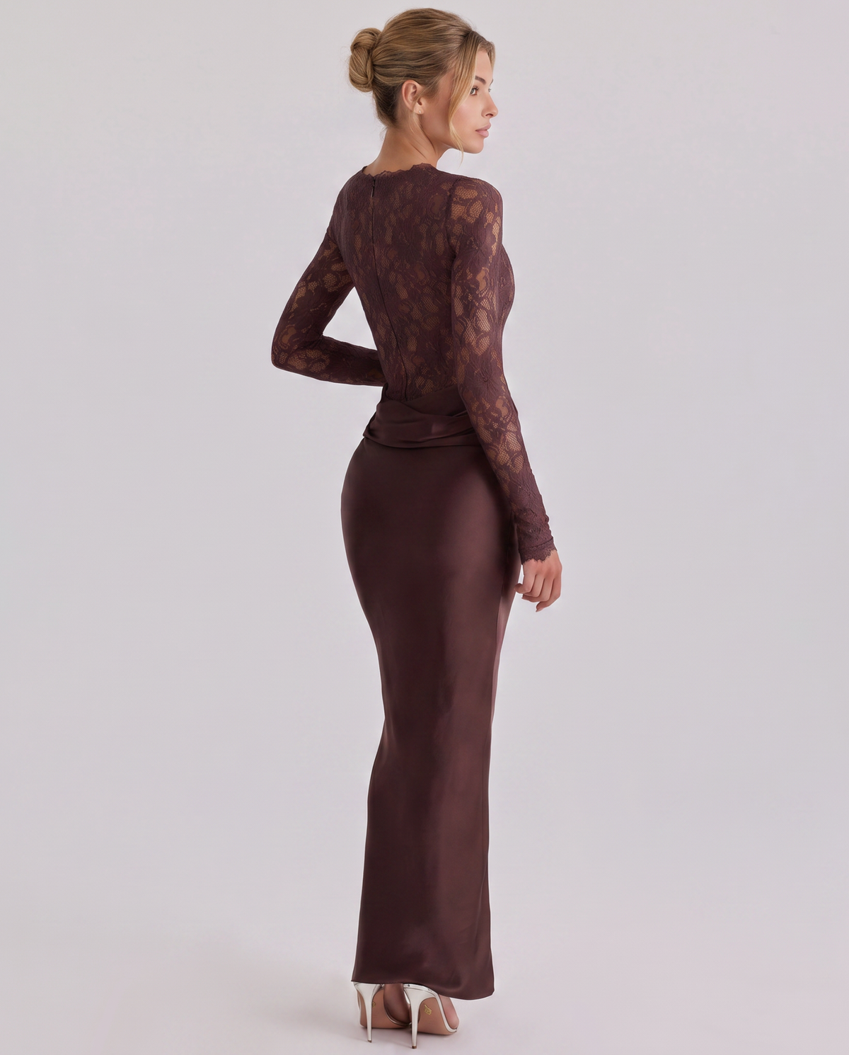EVIE | Lace Corset Long Sleeve Draped Skirt Maxi Dress