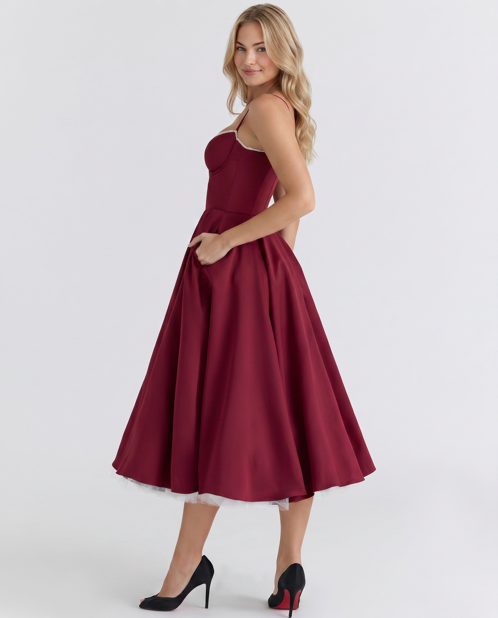 EVIE | Sweetheart Neck Pleated Tulle Midi Dress