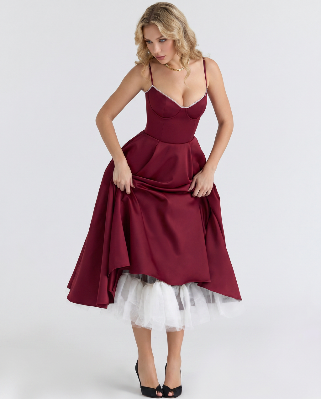 EVIE | Sweetheart Neck Pleated Tulle Midi Dress