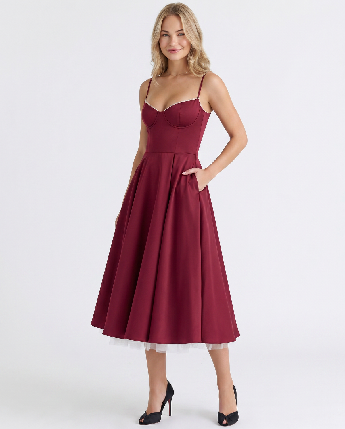EVIE | Sweetheart Neck Pleated Tulle Midi Dress