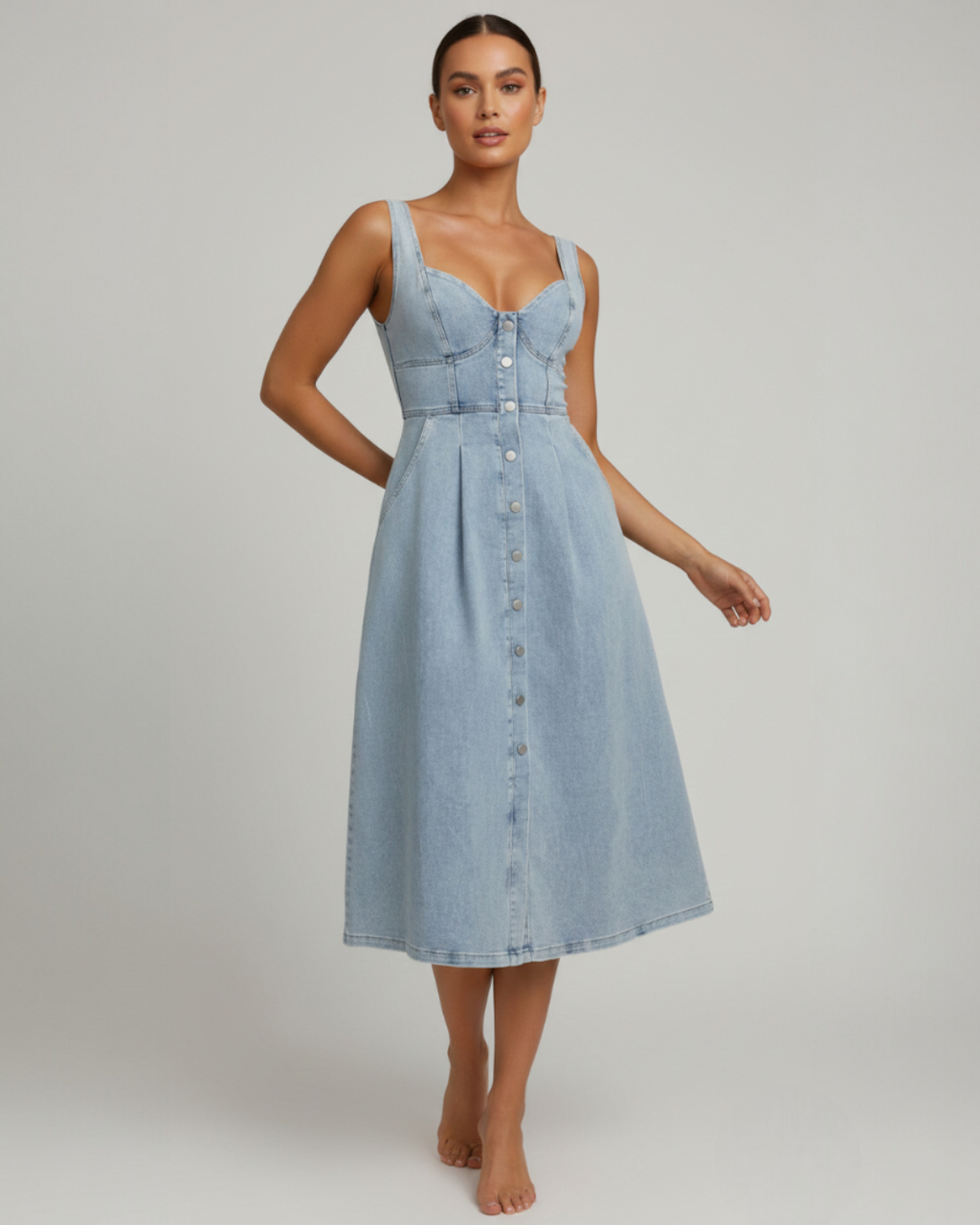 EVIE | Sleeveless Button Front Denim Midi Dress