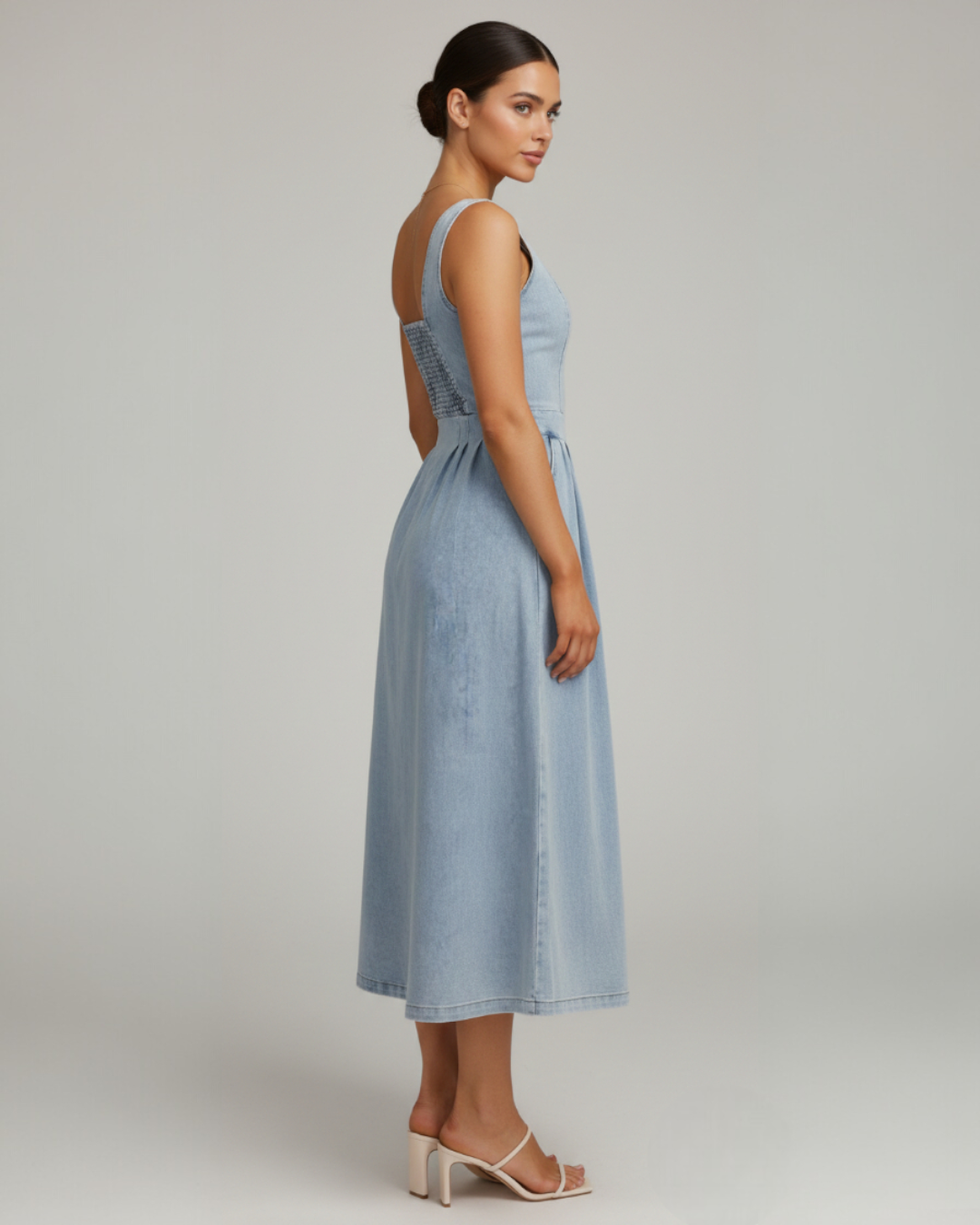 EVIE | Sleeveless Button Front Denim Midi Dress