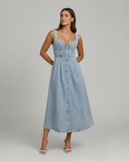 EVIE | Sleeveless Button Front Denim Midi Dress