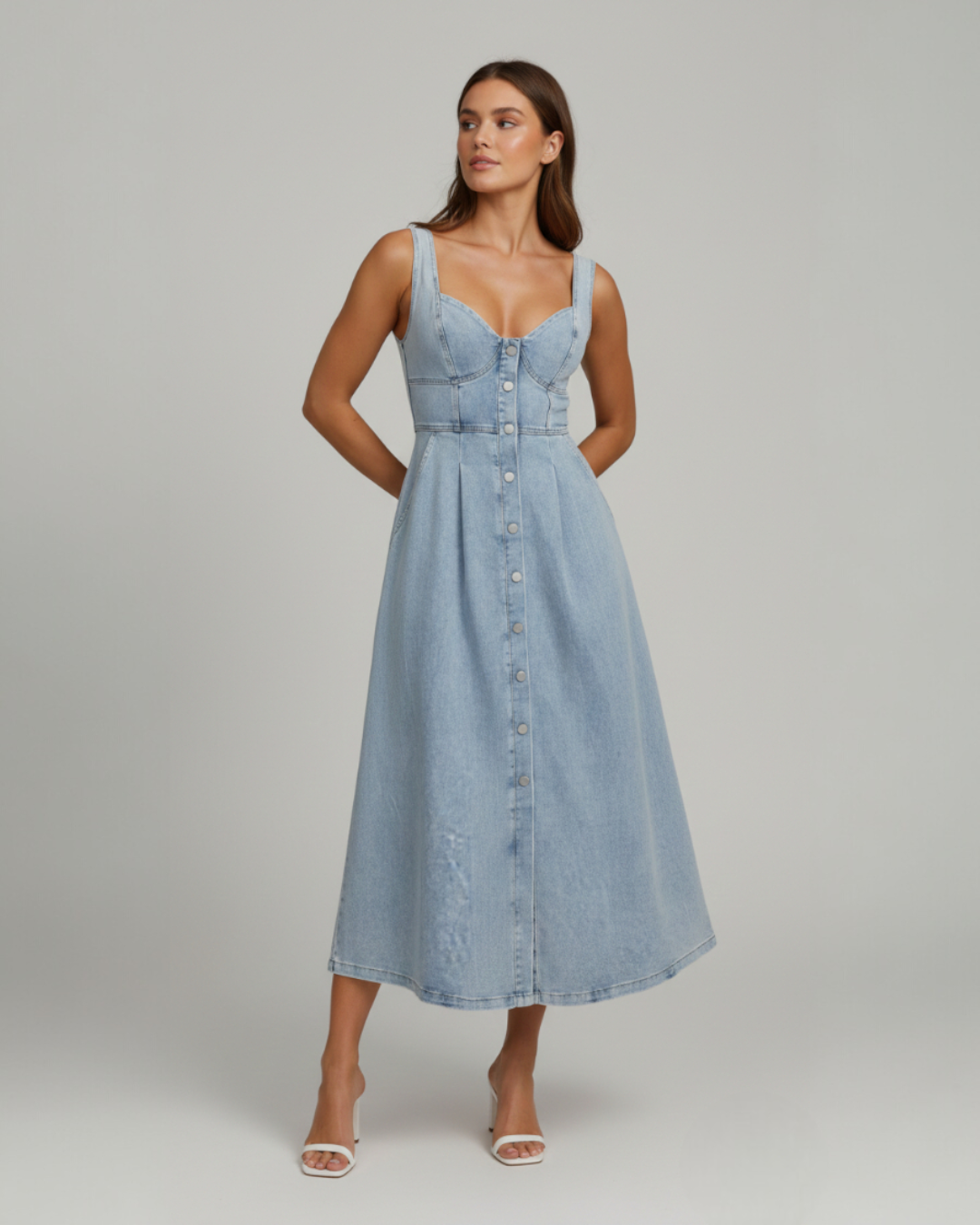 EVIE | Sleeveless Button Front Denim Midi Dress