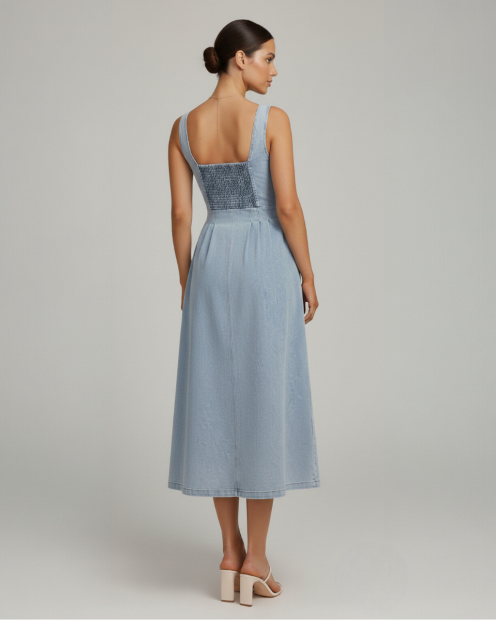 EVIE | Sleeveless Button Front Denim Midi Dress