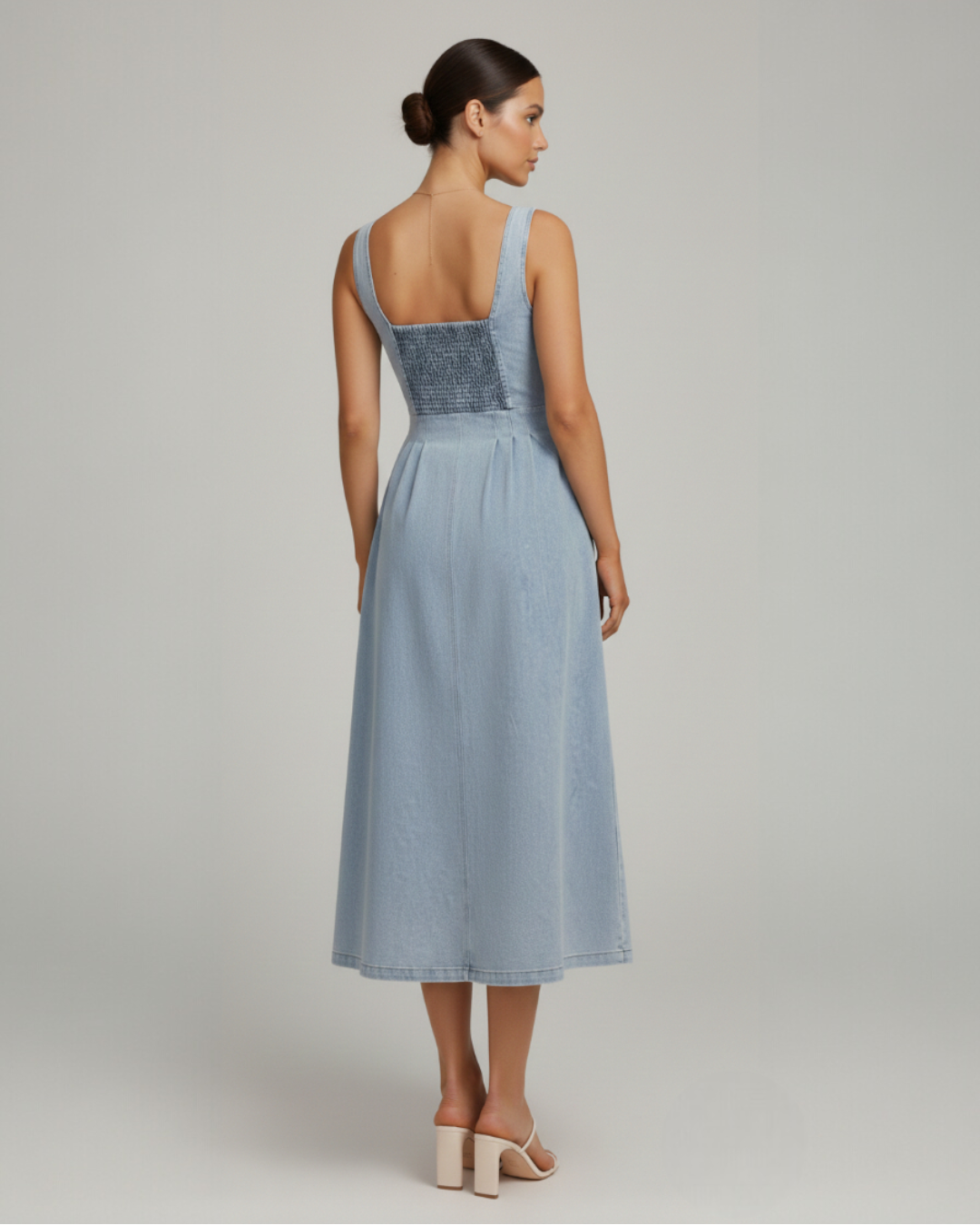 EVIE | Sleeveless Button Front Denim Midi Dress
