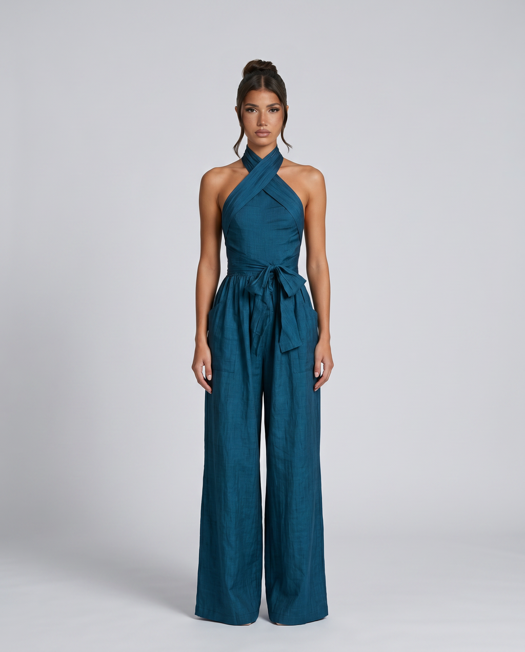 EVIE | Cross Halter Wide Leg Linen Blend Jumpsuit