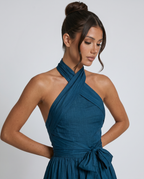 EVIE | Cross Halter Wide Leg Linen Blend Jumpsuit