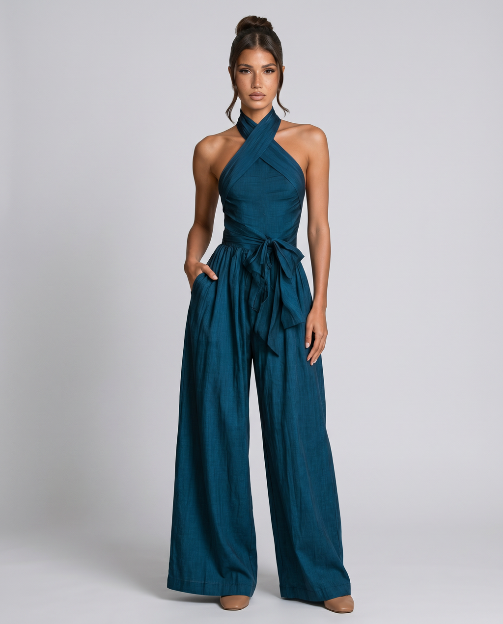 EVIE | Cross Halter Wide Leg Linen Blend Jumpsuit