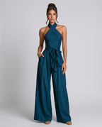 EVIE | Cross Halter Wide Leg Linen Blend Jumpsuit
