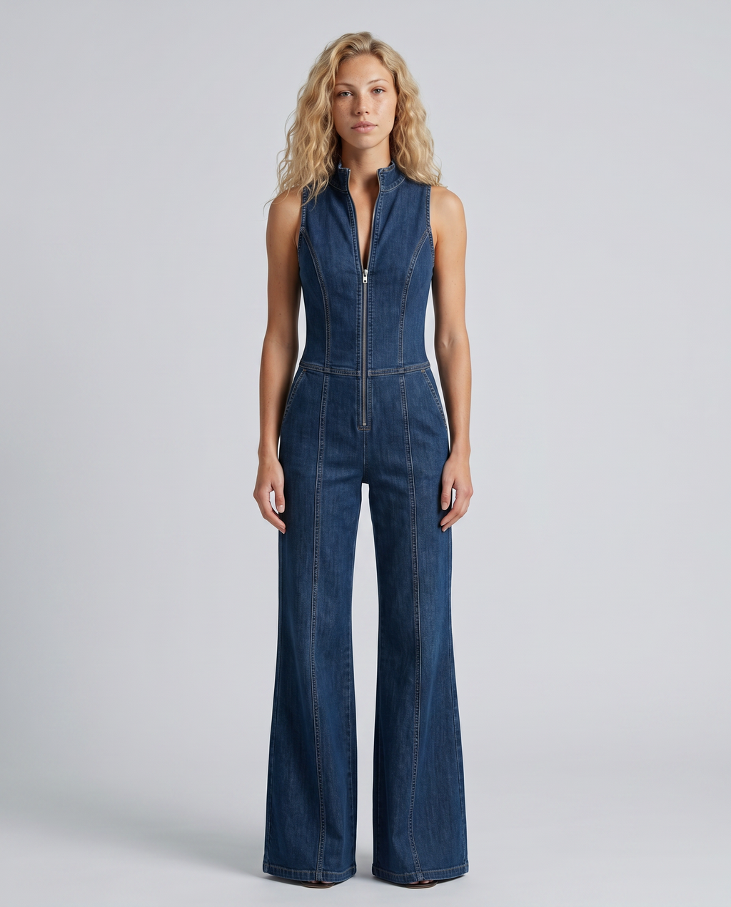 EVIE | Sleeveless Denim Flared Jumpsuit