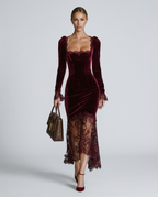 EVIE | Velvet Lace Long Sleeve Bodycon Maxi Dress