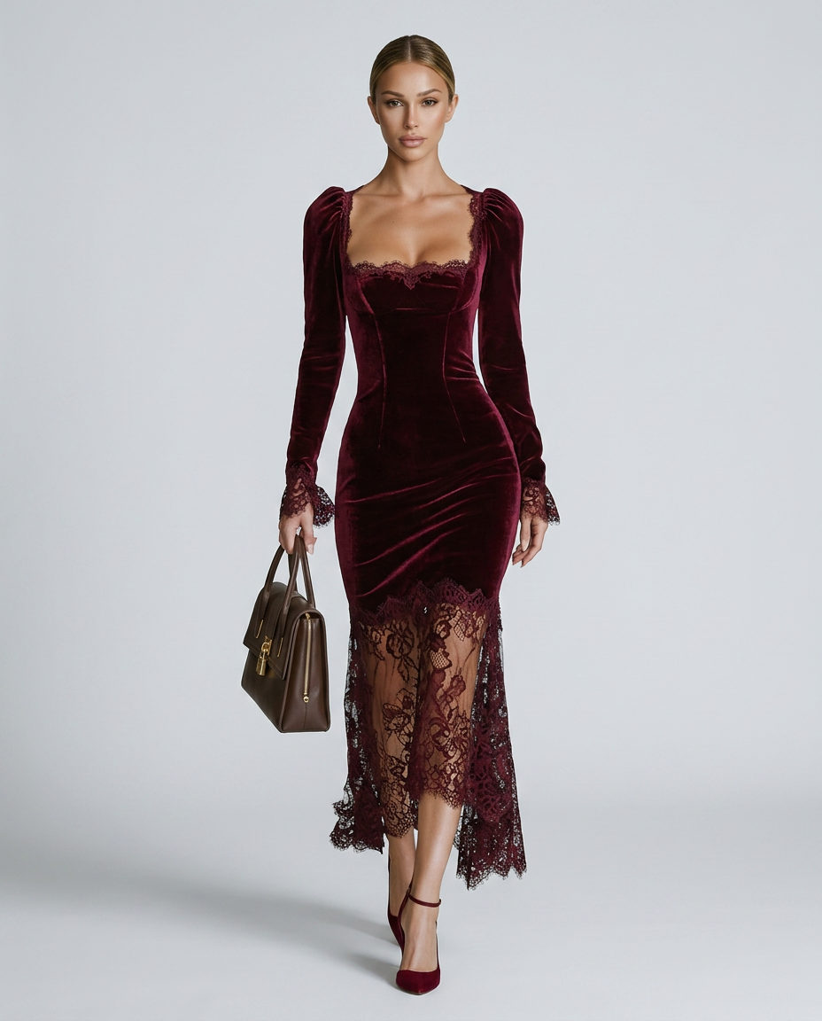 EVIE | Velvet Lace Long Sleeve Bodycon Maxi Dress
