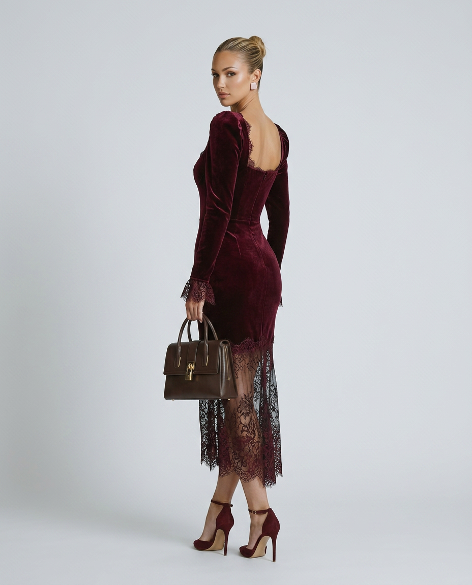 EVIE | Velvet Lace Long Sleeve Bodycon Maxi Dress