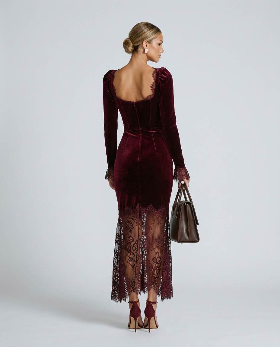 EVIE | Velvet Lace Long Sleeve Bodycon Maxi Dress