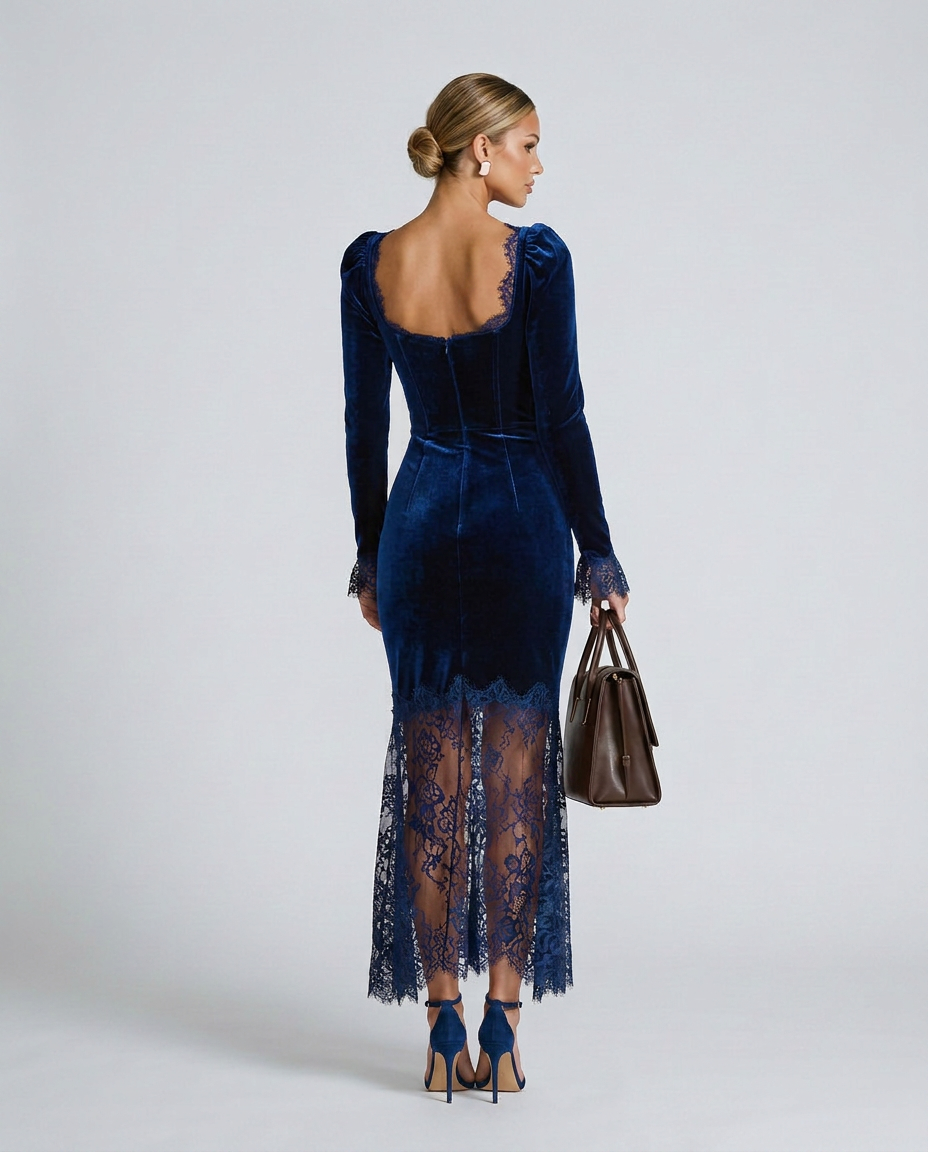 EVIE | Velvet Lace Long Sleeve Bodycon Maxi Dress