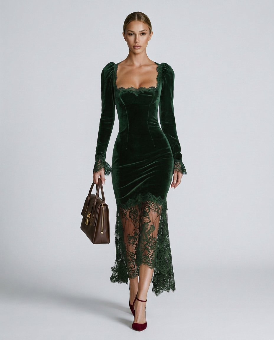 EVIE | Velvet Lace Long Sleeve Bodycon Maxi Dress
