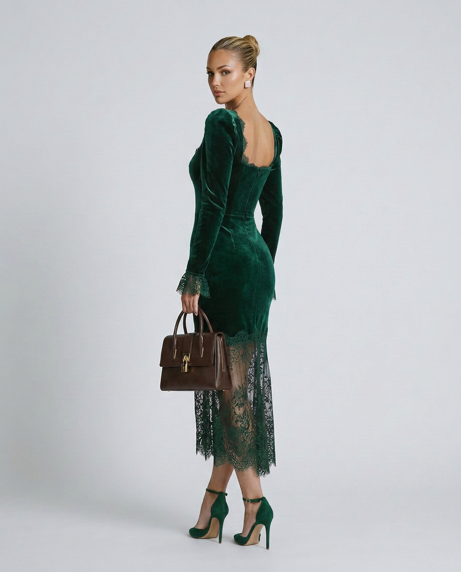 EVIE | Velvet Lace Long Sleeve Bodycon Maxi Dress