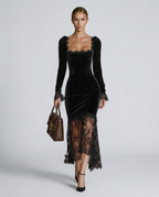 EVIE | Velvet Lace Long Sleeve Bodycon Maxi Dress