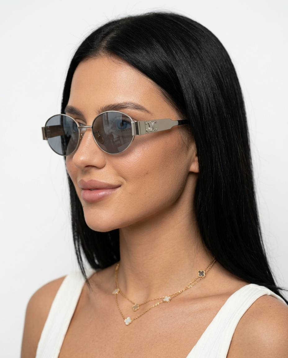 EVIE | Small Oval Acetate Sunglasses with Metal Frame Detail