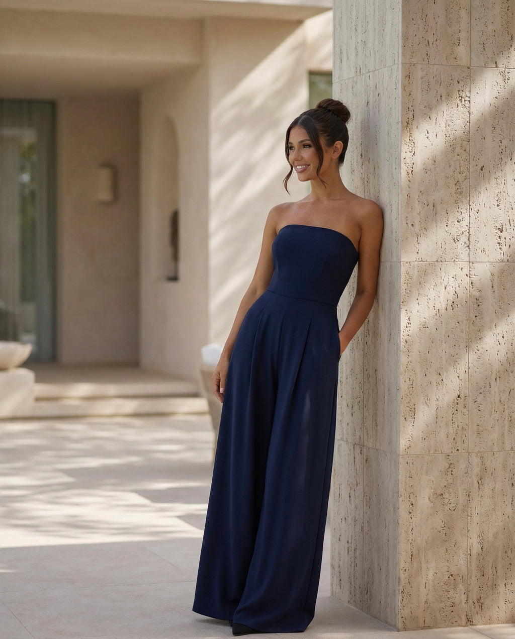 EVIE | Strapless Pleated Wide Leg Jumpsuit