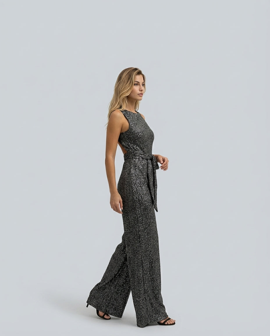 EVIE | Sleeveless Sequin Open Back Jumpsuit
