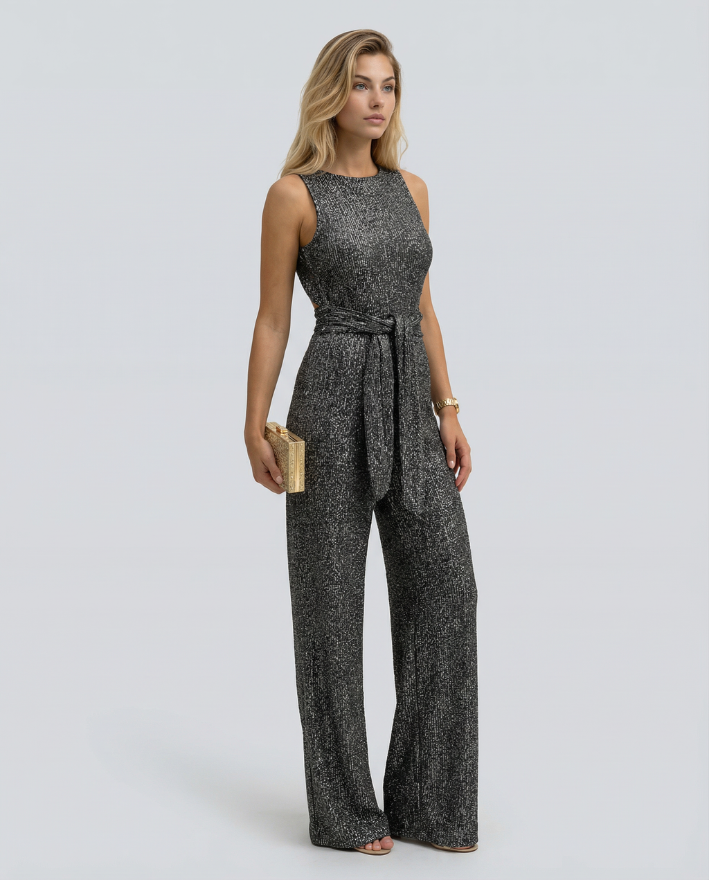 EVIE | Sleeveless Sequin Open Back Jumpsuit