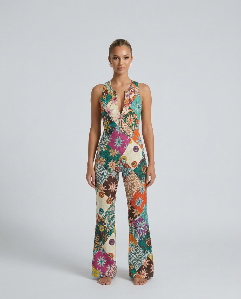EVIE | Floral Denim Sleeveless Open Back Jumpsuit