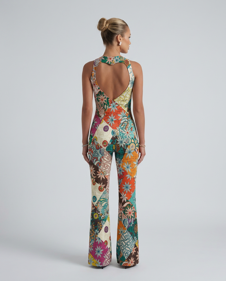 EVIE | Floral Denim Sleeveless Open Back Jumpsuit