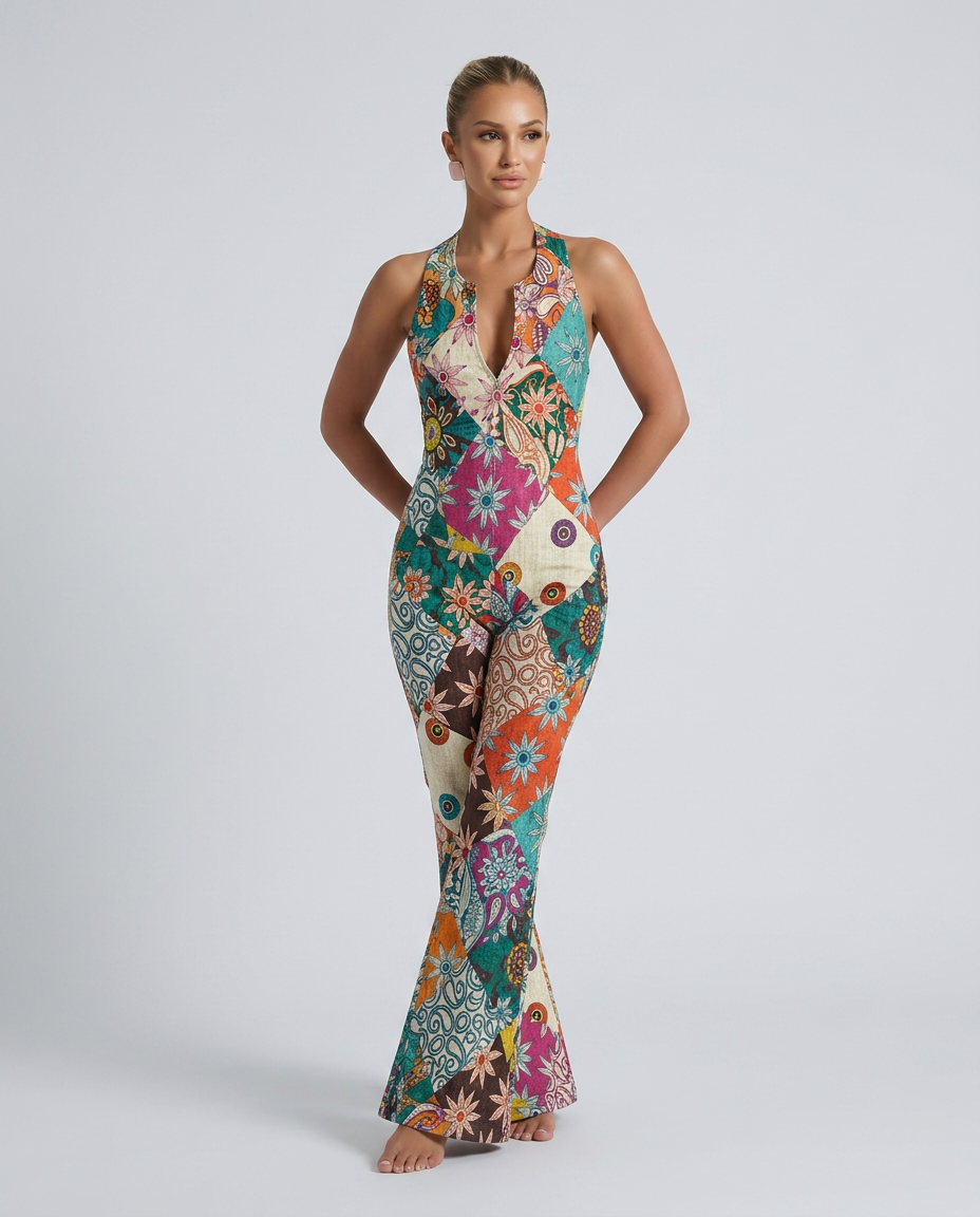 EVIE | Floral Denim Sleeveless Open Back Jumpsuit