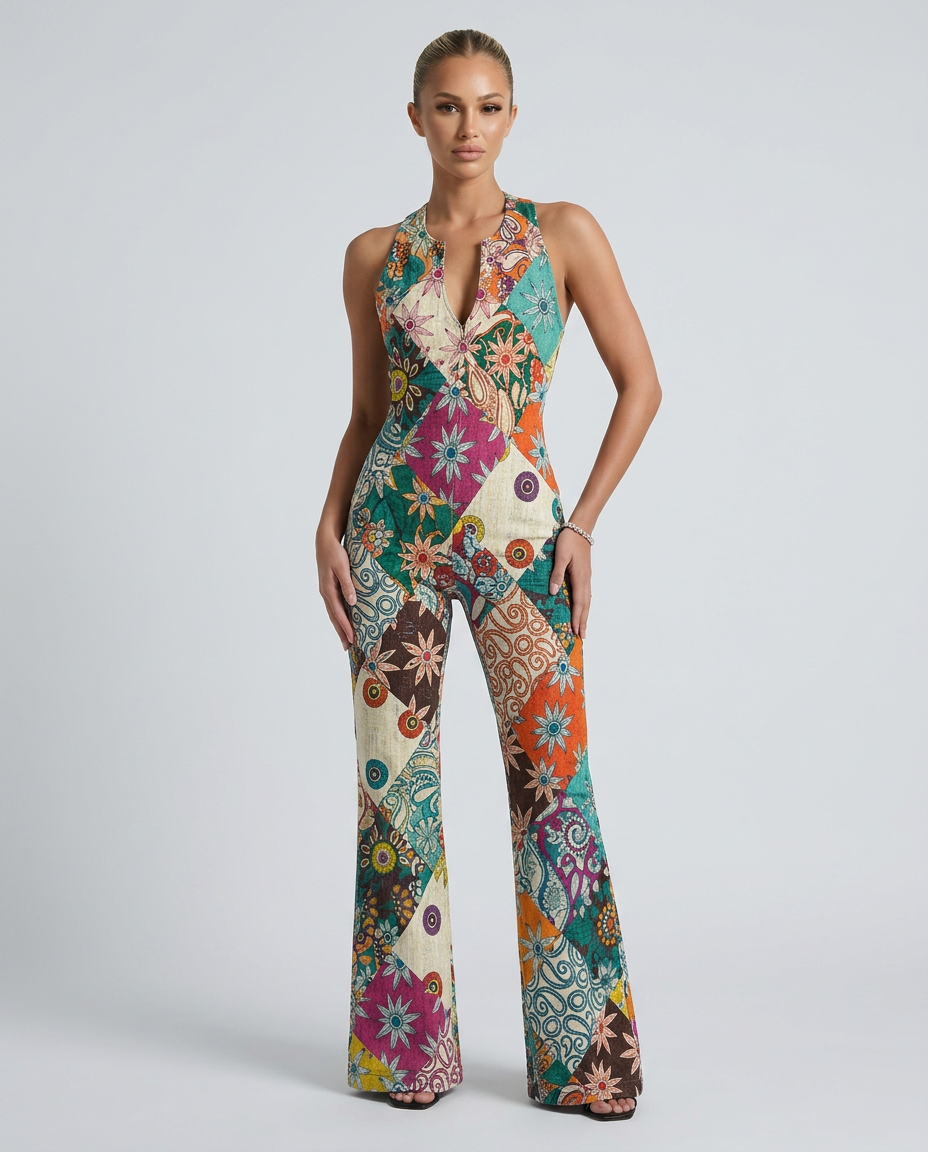 EVIE | Floral Denim Sleeveless Open Back Jumpsuit
