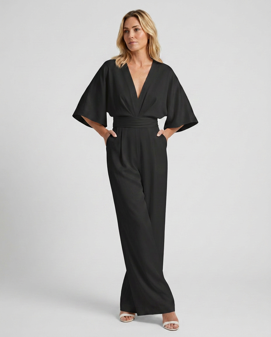EVIE | V Neck Short Sleeve Wide Leg Jumpsuit