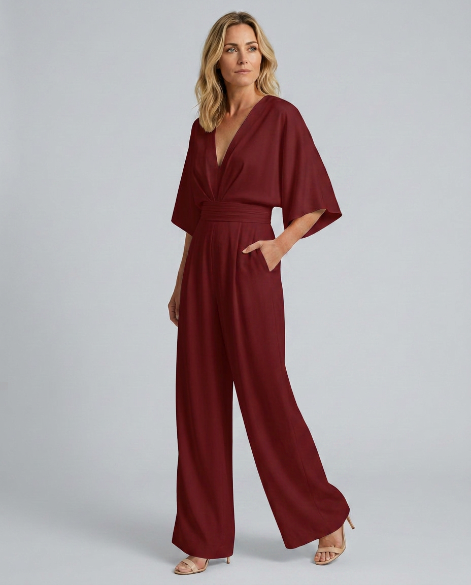 EVIE | V Neck Short Sleeve Wide Leg Jumpsuit