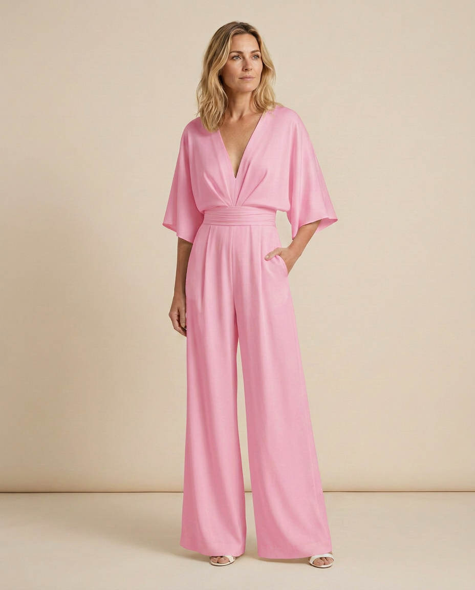 EVIE | V Neck Short Sleeve Wide Leg Jumpsuit
