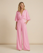 EVIE | V Neck Short Sleeve Wide Leg Jumpsuit