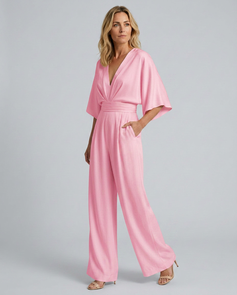 EVIE | V Neck Short Sleeve Wide Leg Jumpsuit